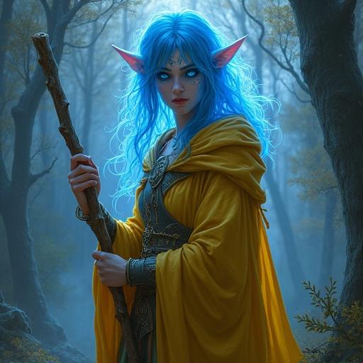 Fantasy character portrait of an Aasimar Warlock. Glowing blue hair, yellow robe, wooden staff. Celestial features and skin armor with magical runes. Glowing eyes, aura of light. Standing in a mystical forest at dusk. Dramatic lighting and high detail.