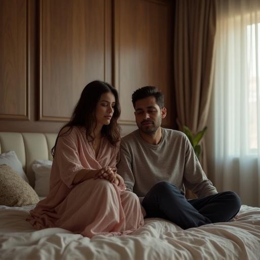 A Pakistani childless couple expressing sadness in a luxurious bedroom. The woman sits sadly on the bed while the man appears relaxed beside her.