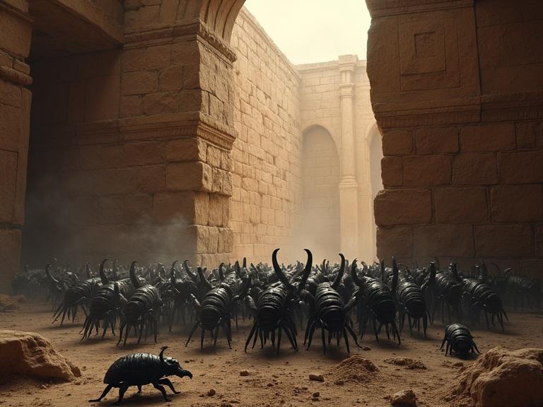 Swarm emerges from cracks in stone walls of ancient ruins. Low light creates a horror atmosphere. Scarabs dominate the scene.