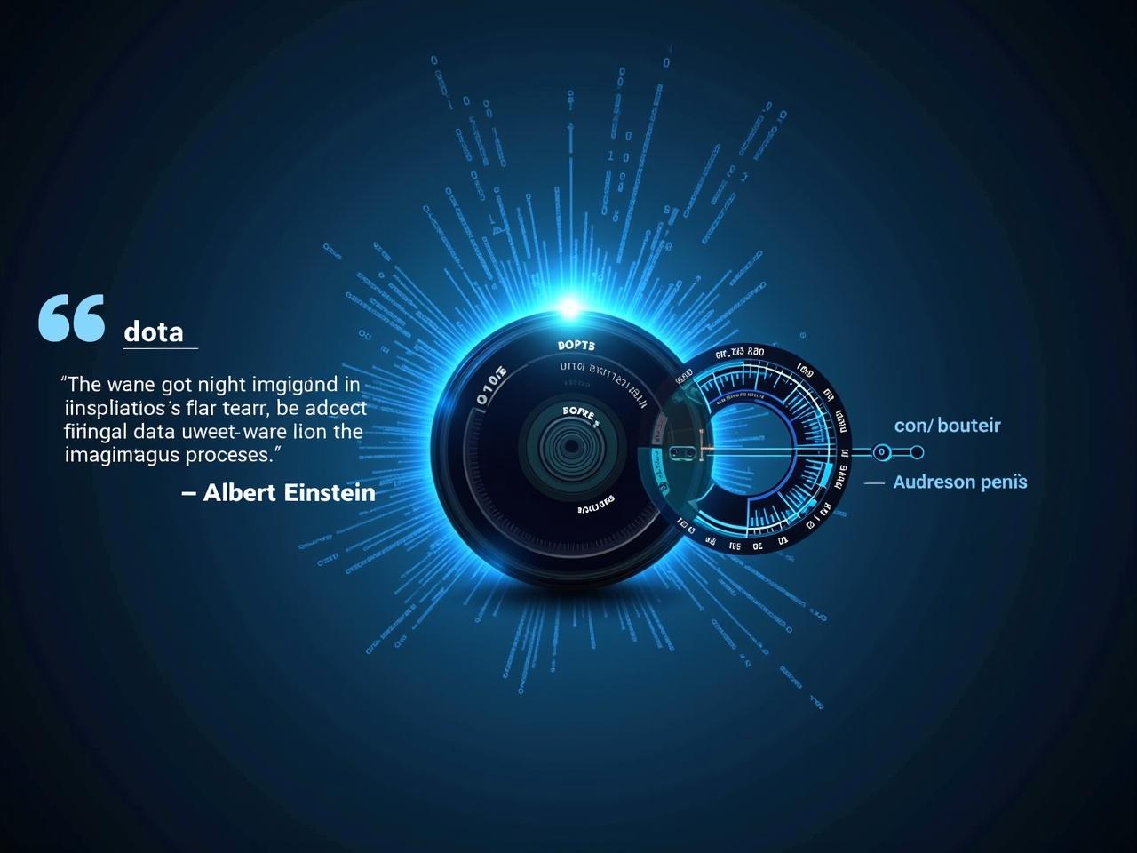 The image features a futuristic design with a central spherical object that resembles a lens or camera. Surrounding this object are various digital elements, including binary codes and numbers displayed on a blue background. A circular gauge appears next to the sphere, marked with numerical values, suggesting data analysis or a holographic display. An inspirational quote by Albert Einstein is included, emphasizing the importance of imagination. The overall aesthetic blends technology and abstract art, creating a sense of digital innovation and exploration.