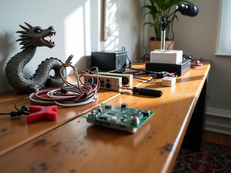 photograph of a cluttered wooden workbench in a small room various electronics and tools scattered across the surface a silver dragon-shaped cable organizer with colorful wires red and black wire strippers green and white circuit board small white cylindrical object black power adapter black and red cables metal screwdriver small beige container a white box in the background a silver microphone stand with a microphone white wall wooden floor with a patterned rug overhead light casting shadows natural light from the left low angle view amateur setup hobbyist electronics DIY project organized chaos detailed textures warm wooden tones