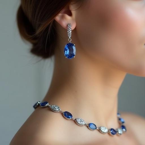 Sophisticated female model adorned in exquisite oval iolite gemstone jewelry. Close-up shot reveals stunning iolite pendant with complementing earrings and delicate bracelet. Soft ambient lighting accentuates deep blue hues. Minimal elegant makeup ensures focus on sparkling iolite. Polished high-fashion vibe with sharp jewelry focus.