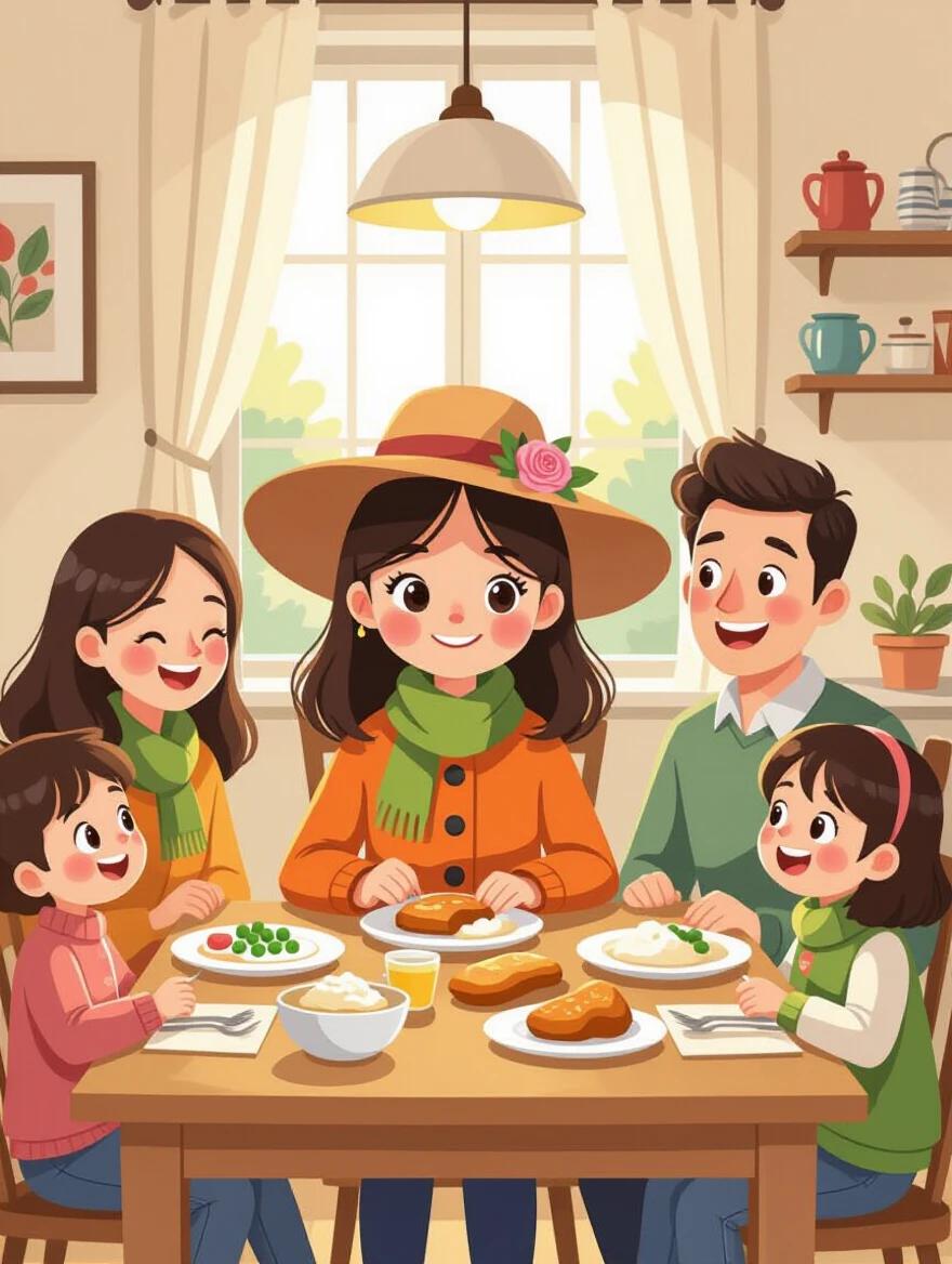 Illustration of a warm family dinner scene. A 10-year-old girl with shoulder-length black hair sits at a wooden dining table. She wears a wide-brimmed brown hat with a pink rose and green ribbon, an orange coat, and a green scarf. Seated around her are her smiling parents and older sister. Each person has their own plate with peas, mashed potatoes, and a breaded cutlet. The dining room has soft lighting, beige walls, and framed artwork. The illustration evokes warmth and harmony.