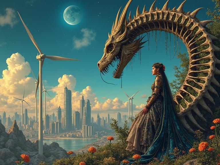 A solarpunk princess gazes from her throne made of a dragon. The scene includes wind turbines. The setting features a city that blends nature and technology. Vibrant colors and elaborate details are present. Inspired by Hayao Miyazaki and Alphonse Mucha.