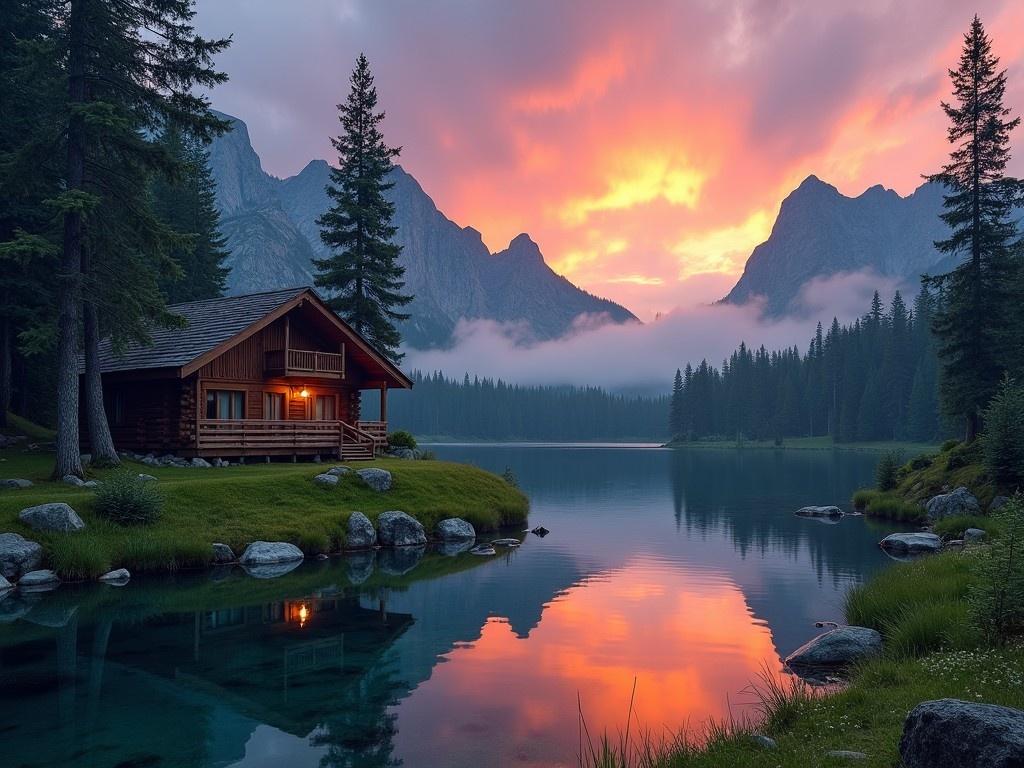 This image captures a serene mountain landscape during sunset. A cozy cabin is nestled among tall trees, reflecting beautifully on the lake's surface. The sky is painted in shades of pink and purple, adding a magical ambiance. Mountains loom in the background, partially shrouded in mist. The scene evokes feelings of peace and tranquility, making it a perfect escape into nature.