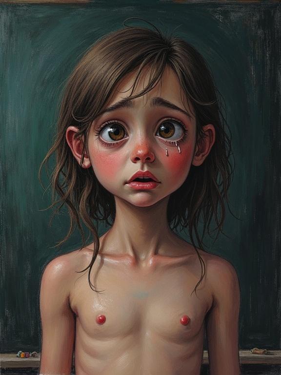 Realistic crayon drawing of a scared tearful girl in a classroom. She has baby fat on her cheeks. She is barechested with hands on her sides. The girl is looking with concern, showing emotion. Classroom background is dark.