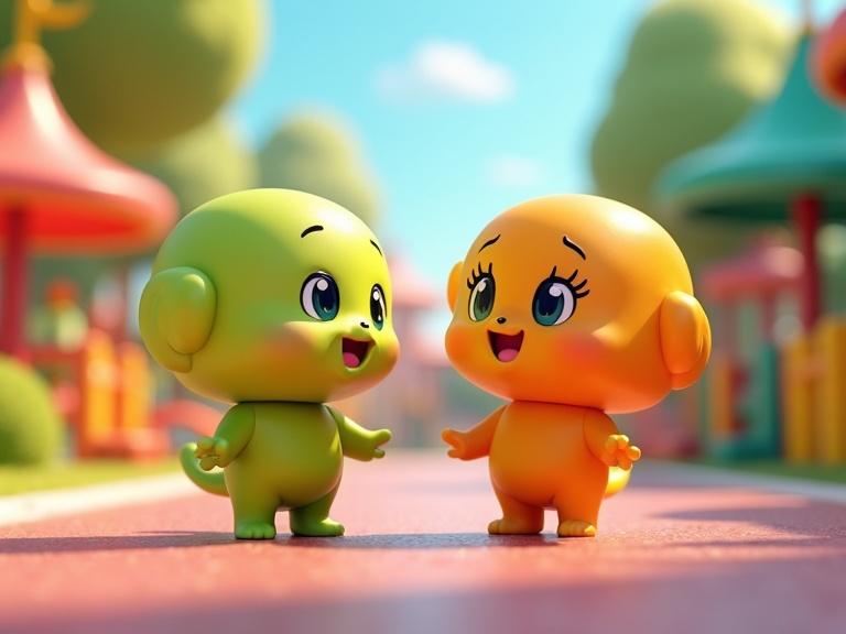 Two chibi-style characters in a children's park. One character is lime green, and the other is bright orange. They express delight at meeting each other. The artwork features vibrant colors and a playful park setting.