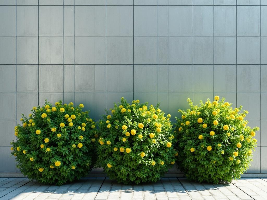 This image features three lush, green bushes adorned with delicate yellow flowers. They are arranged prominently in the foreground, creating a natural contrast against a sleek, polished metallic background. The background is composed of a grid-like texture that reflects light, giving it a modern aesthetic. The lighting in the image is bright, enhancing the vibrant colors of the leaves and flowers. The scene conveys a sense of tranquility and beauty, merging the organic shapes of the plants with the clean lines of the metallic surface.