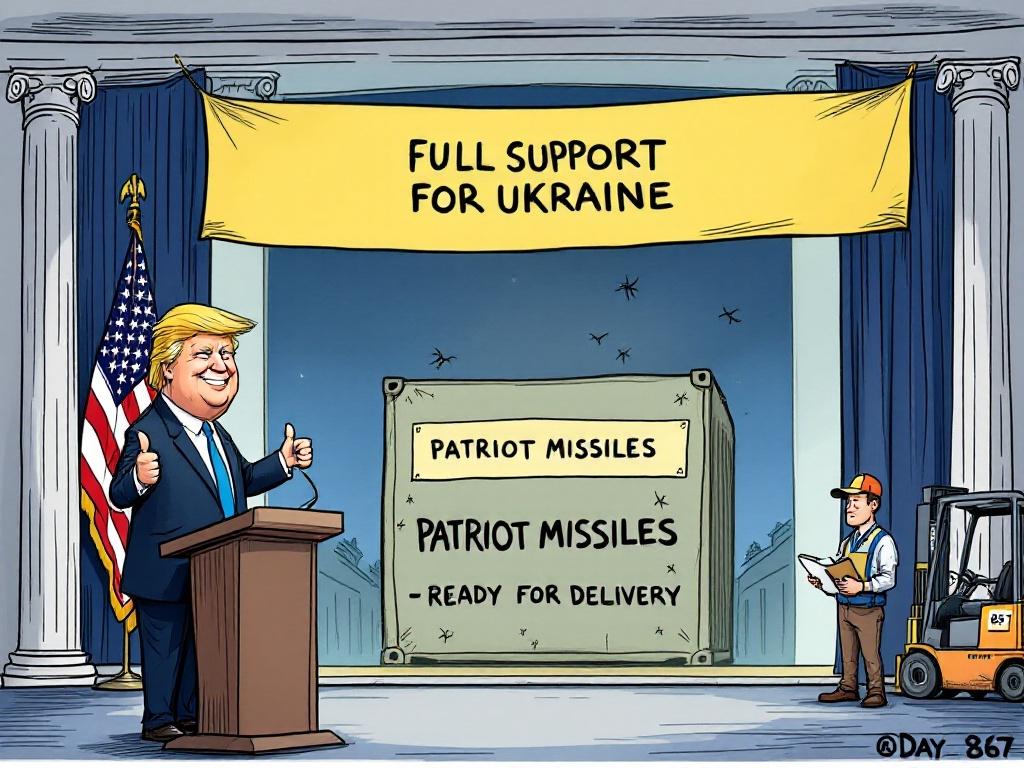 A grand government press room features a smiling politician under a banner reading Full Support for Ukraine. The politician gives a thumbs-up. Behind him is a dusty shipping container labeled Patriot Missiles – Ready for Delivery. A forklift operator holds a clipboard. A calendar shows Day 867.
