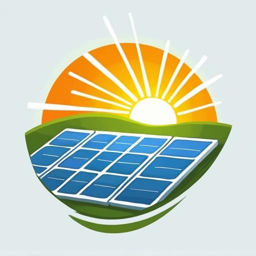Logo design for solar new energy featuring the sun and photovoltaic panels in an eco-friendly style.