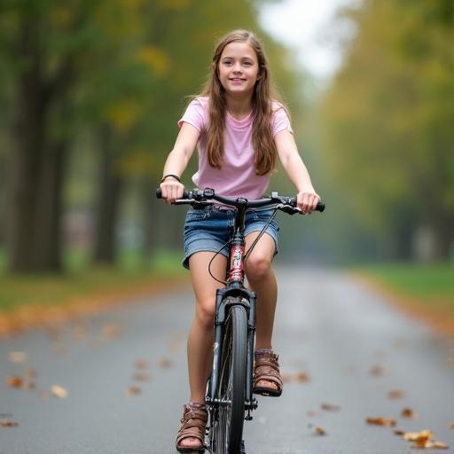 Beautiful slim teenage girl rides bicycle in outdoor setting. She wears a miniskirt. Background is nature. Path is empty.