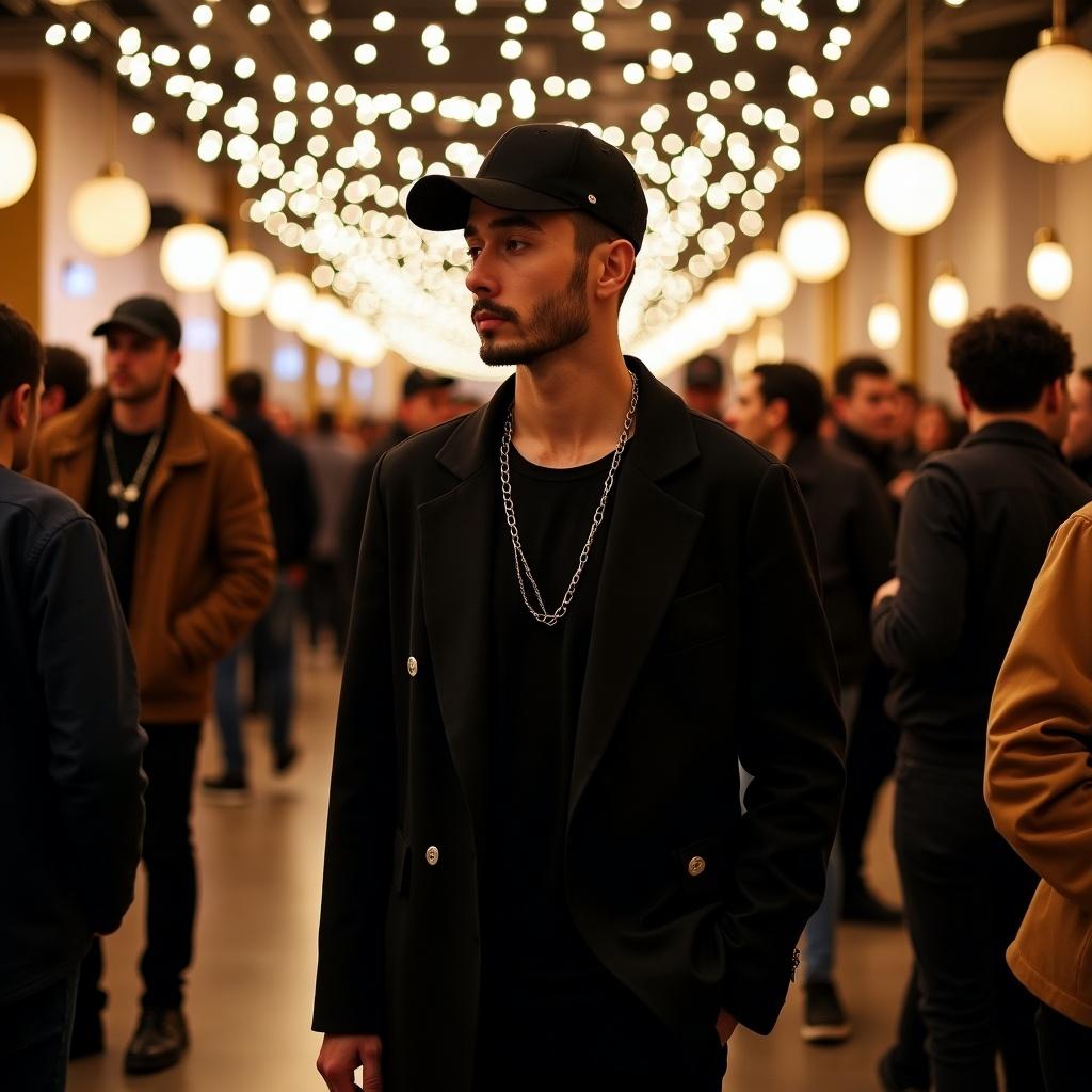 The image showcases a man dressed in stylish black streetwear, standing confidently in a vibrant holiday event filled with warm, decorative lighting. He embodies a modern, elegant aesthetic, blending casual urban attire with elements of sophistication. The bustling background features a diverse crowd, enhancing the theme of celebration. This setting encourages attendees to express their personal style through trendy outfits. The overall atmosphere is relaxed yet polished, inviting fashion-forward individuals who appreciate both casual and sophisticated looks.