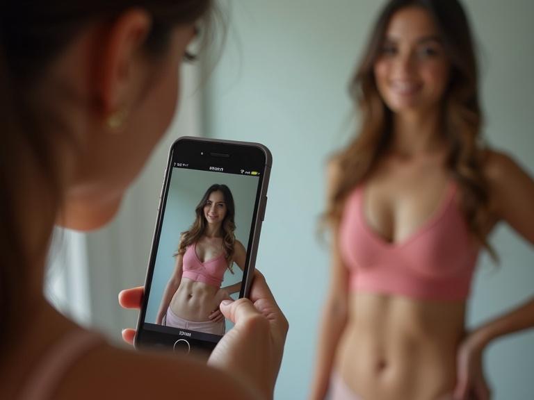 Person observes smartphone displaying filtered fitness photos. Mirror shows realistic body shape. Thoughtful expression captured in natural light.