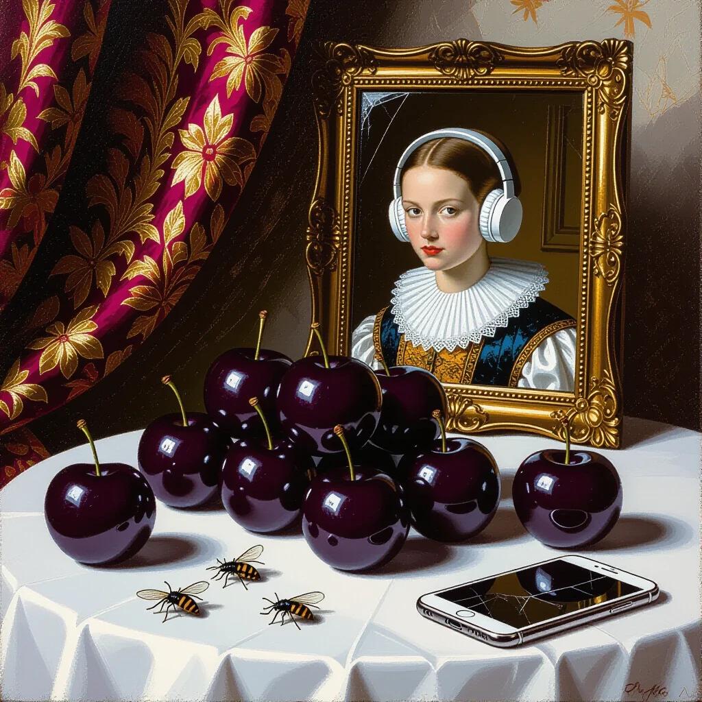 Chrome fruits resembling plums are arranged on a table. A broken smartphone is included among them. Insects are present near the fruits. An ornate mirror shows a woman with headphones in the background. The room has an embroidered medieval curtain. The scene reflects an old Dutch painting style with coarse brushstrokes.