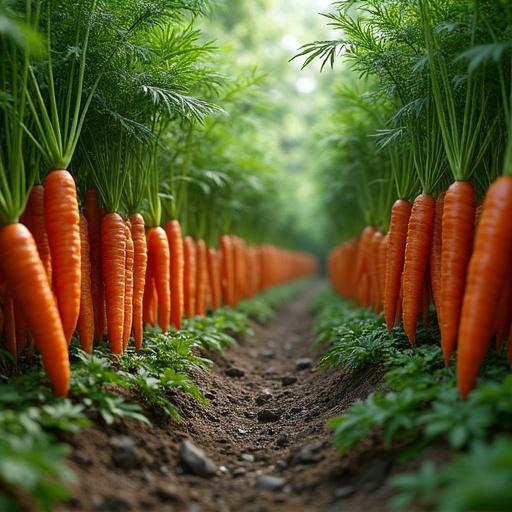 Rows of fresh carrots growing in a fertile soil. Vibrant orange carrots line the path. Lush green foliage surrounds the carrots. A natural setting with bright colors and healthy vegetation.