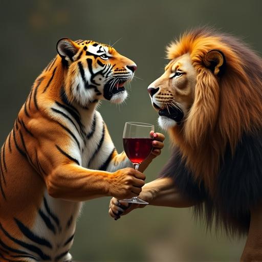 Tiger and lion in a dramatic standoff. Tiger holding a wine glass. Lion engaged in a playful yet intense posture. Vivid colors create a striking scene.