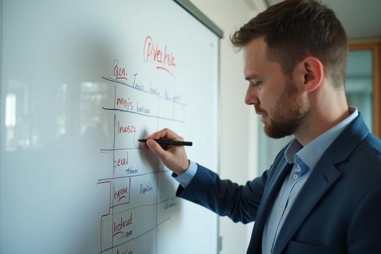 A man named Leo is marking completed tasks on a list in a professional environment. He is focused on a whiteboard while using a black marker. The scene is bright and organized, demonstrating task management.