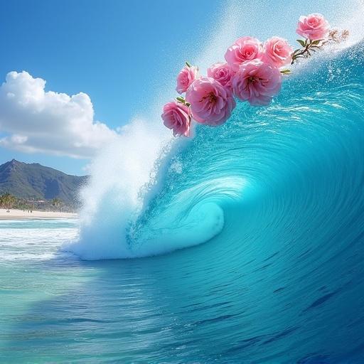 A beautiful blue curved beach wave glistening like glass with pretty pink roses all along the curve of the wave