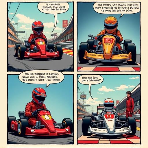 Comic book page with four panels illustrating a young boy's journey to becoming a Formula 1 driver. First panel shows the boy determined in go-karts. Second panel features him winning a junior championship. The third shows him signing with a Formula 2 team. Fourth panel depicts him in F1 gear next to his race car on the grid. Includes speech bubbles and sound effects. Vivid illustrations and bold lines are present.