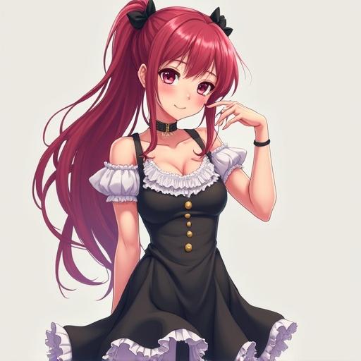 Anime character in a full body pose wearing a black dress with white frills. Character has long red hair and a playful expression. Pose is inviting and charming.