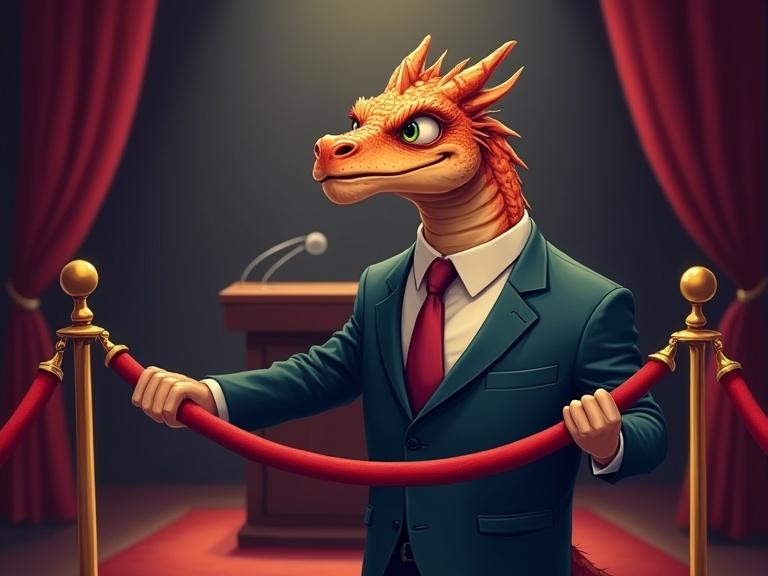 A dragon dressed in a suit stands guard by a red velvet rope barrier. Behind it, a microphone and lectern sit spotlighted. The dragon's posture is firm, blocking access to the lectern, scanning the crowd with amusement and authority. The scene uses rich colors and dramatic lighting.