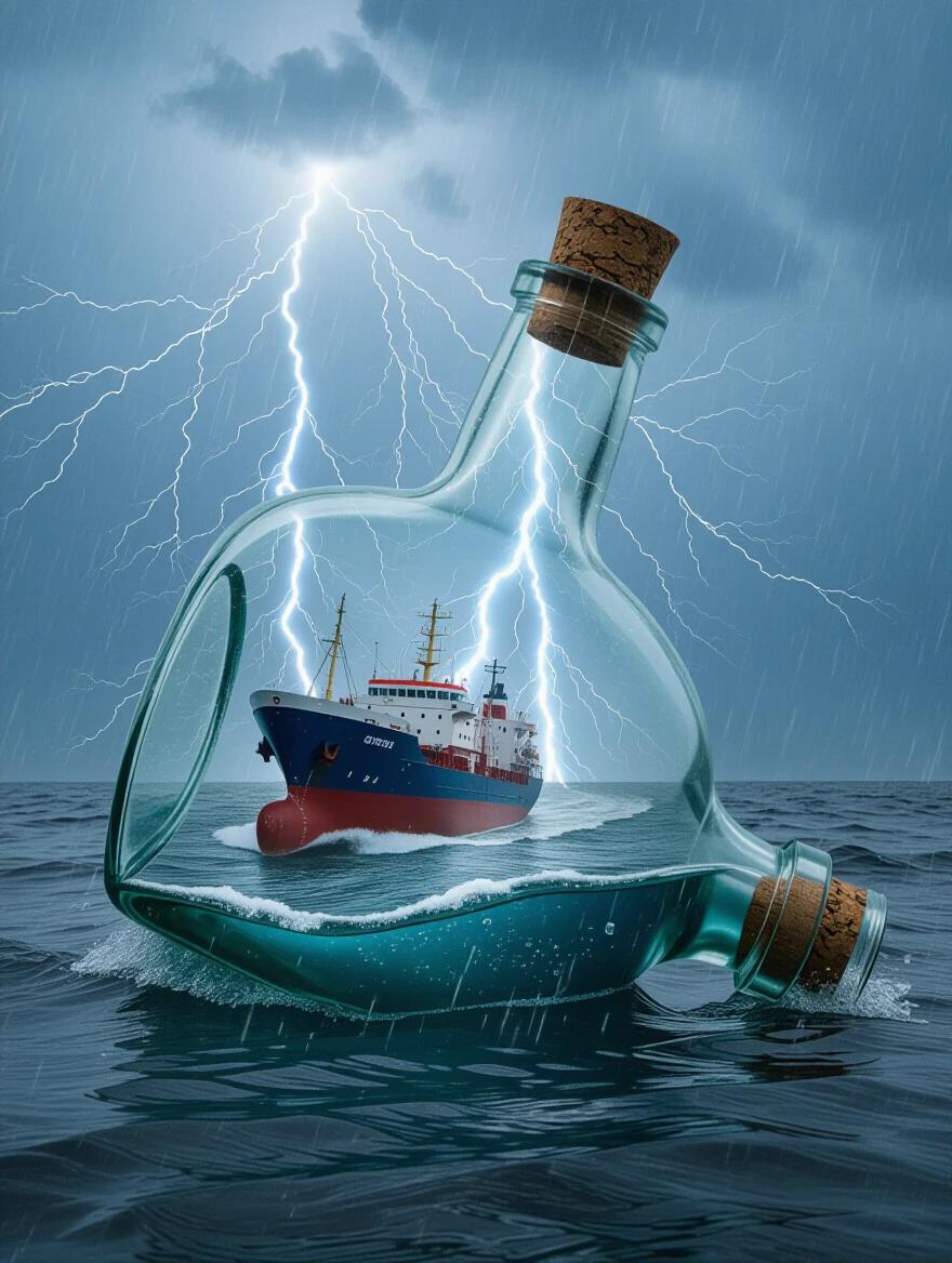A ship is sitting inside a glass bottle on the ocean. Dark storm clouds fill the sky overhead. Lightning strikes the water around the bottle. Wind and rain create a dramatic atmosphere. The scene feels intense and electrifying.