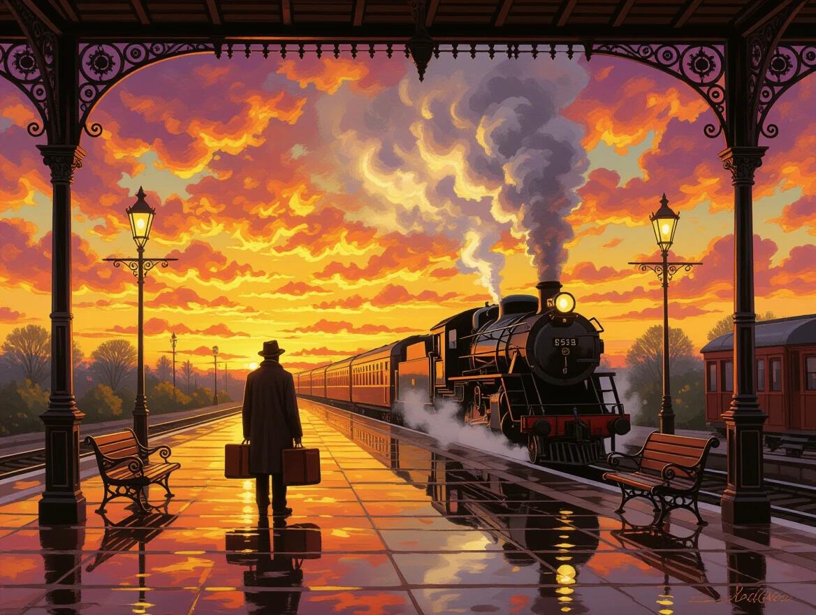 A lone traveler stands on a railway platform with vintage luggage. The steam locomotive approaches in the background. The sunset sky is vibrant with colors. Clouds reflect on the wet railway tracks. Victorian lamp posts cast shadows beside wooden benches. The scene exudes a sense of anticipation and romance.