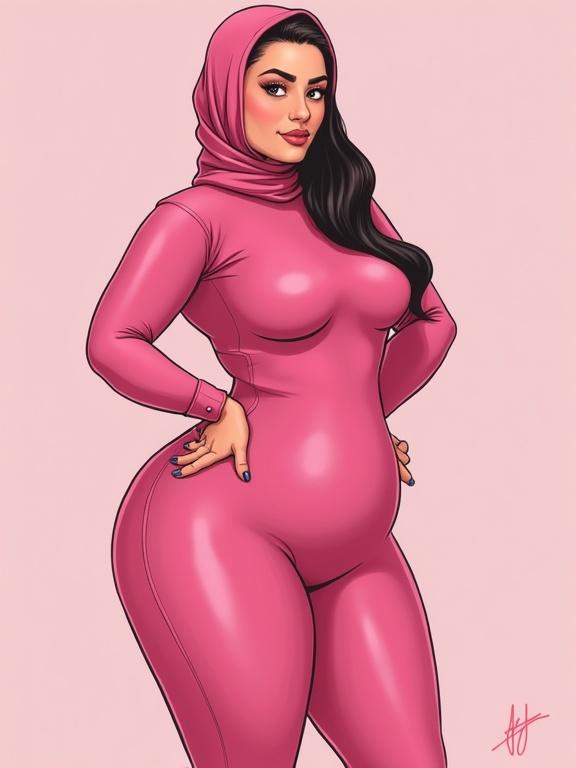 Illustration of a chubby woman wearing a pink bodysuit. She has a confident expression and is looking directly at the viewer. A hijab adorns her head. The background is pink, enhancing her vibrant appearance.