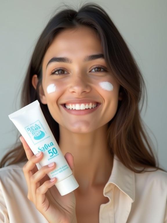 Photograph of a young woman with dark brown hair. Woman smiling while holding SPF 50 cream. SPF cream applied on cheeks. Relaxed pose in light-colored blouse. Light gray background with soft lighting.