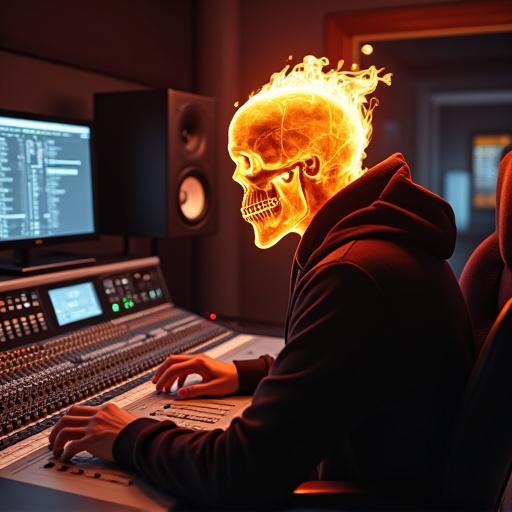 A man has a flaming skull. He wears a hoodie and sits behind a mixing console. The setting is a high-tech, professional recording studio. The atmosphere is creative and intense.