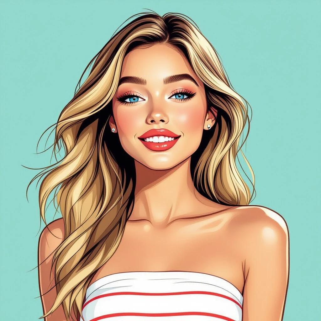 19-year-old woman in half profile wearing no makeup. Bright blue eyes and long straw-blonde hair blowing in a breeze. Thin lips and slightly open mouth showing white teeth. Halter-neck strapless white top with red stripes. Semi-realistic comic style with bold contours. Photorealistic coloring.