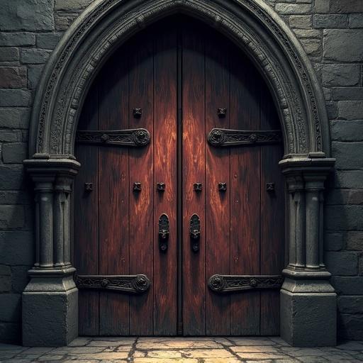 Heavy wooden door with gothic arches. Carved with intricate vine motifs. Reinforced with rusted iron bands. Wood is weathered with faint cracks. Illuminated by dim candlelight casting moody shadows. Style is 2D digital art with dark gothic elements and muted colors.