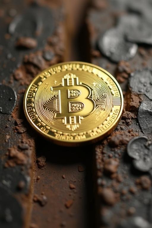 A golden Bitcoin sits prominently in a trench surrounded by chocolate and cookies. The environment highlights the themes of wealth and indulgence in digital currency.