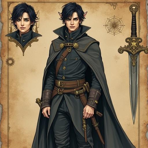 Full-body portrait of a male half-elf investigator stands confidently. He has pointed ears, gray-green eyes, and dark hair. Wears a travel cloak with insignia over elegant clothes and boots. A short sword and dagger at his belt. Background has ancient parchment with symbols and instruments. Includes ink-drawn bust portrait with pokerface expression. Styled in 2.5D comic book style, hand-drawn look, and aged parchment texture.
