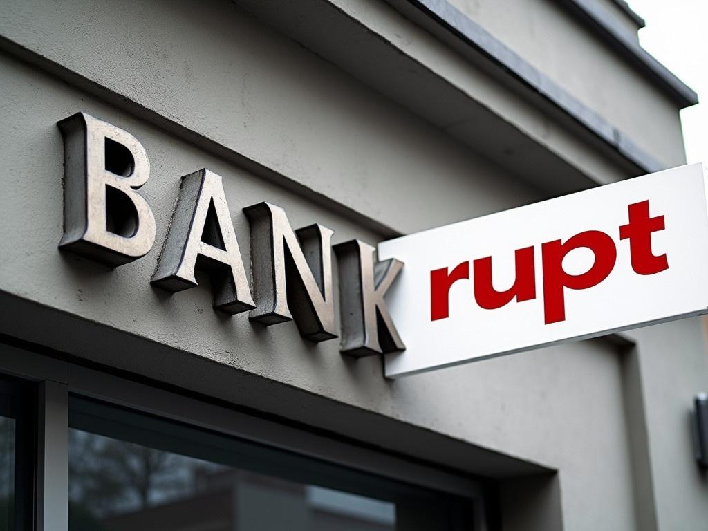 High detailed image of bank building exterior with large letters spelling BANK. Right of BANK is a white banner displaying rupt in red letters. Suggests a bank going bankrupt visually. Clever use of signage conveys potential financial troubles.