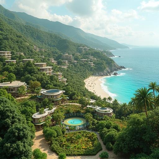 A luxurious residential area called The Green Crescent along a cliffside. It features cliffside villas with ocean views. The design includes vertical farms and hydroponic parks. The solar tram system is part of the community infrastructure.