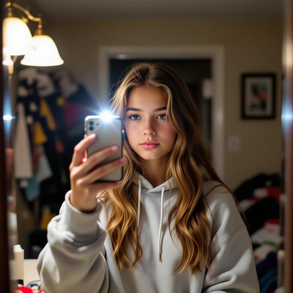 Realistic photo of a teenage girl taking a mirror selfie in a dimly lit room. Camera flash reflects in the mirror, obscuring part of her face. She holds a smartphone with one hand, slightly slouched posture. Image is casually composed, tilted and blurry with uneven lighting. Neutral expression, wearing a casual hoodie. Mirror has smudges and background is cluttered. The photo appears spontaneous and unintentional.