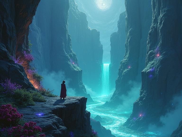 A lone figure at the edge of a vast canyon. The canyon walls have glowing glyphs. Bioluminescent plants cling to rocks. The air feels charged with energy. Rendered in a detailed, atmospheric style. Dominant colors are deep blues, purples, and greens with bright light bursts.