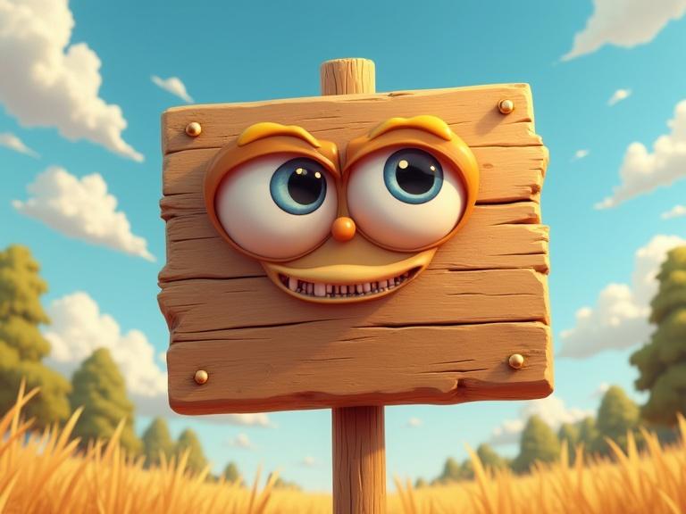 Detailed CGI wooden sign with a face. Sign has a quirky character. The sign's face shows grumpiness with big eyes and a smile. Background features a sunny day and grassy fields.