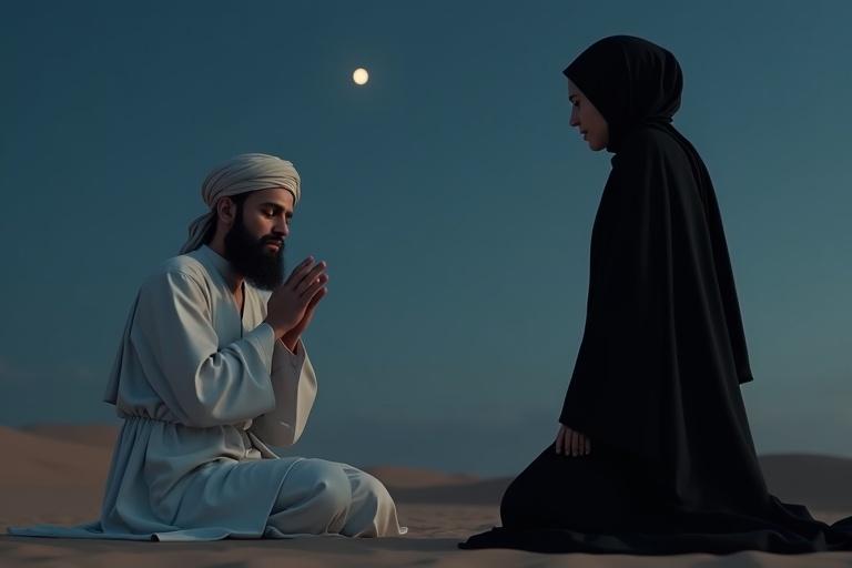 A sorrowful Muslim man sits on the ground crying. He wears traditional white Islamic clothing and a turban. His hands are lowered in grief. In front, a modestly dressed Muslim woman in a black abaya and hijab stands with a calm expression. They are surrounded by a quiet desert setting under a night sky. Soft moonlight casts gentle shadows, creating a spiritual and emotional atmosphere. High realism with expressive faces and traditional surroundings.