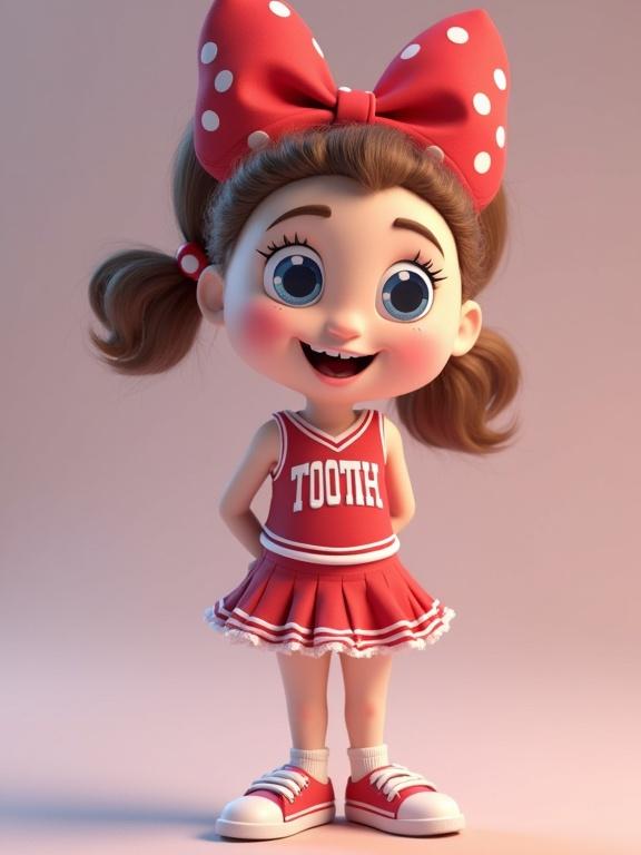 3D female tooth character styled similar to Disney, wearing a cheerleader uniform and a large polka-dotted bow, smiling happily