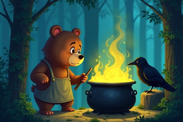 Illustration features a brown bear in an apron stirring a glowing cauldron in a dark forest. A black raven is sitting on a mossy rock nearby. The colors are cool with warm tones from the cauldron. The scene evokes a magical atmosphere.