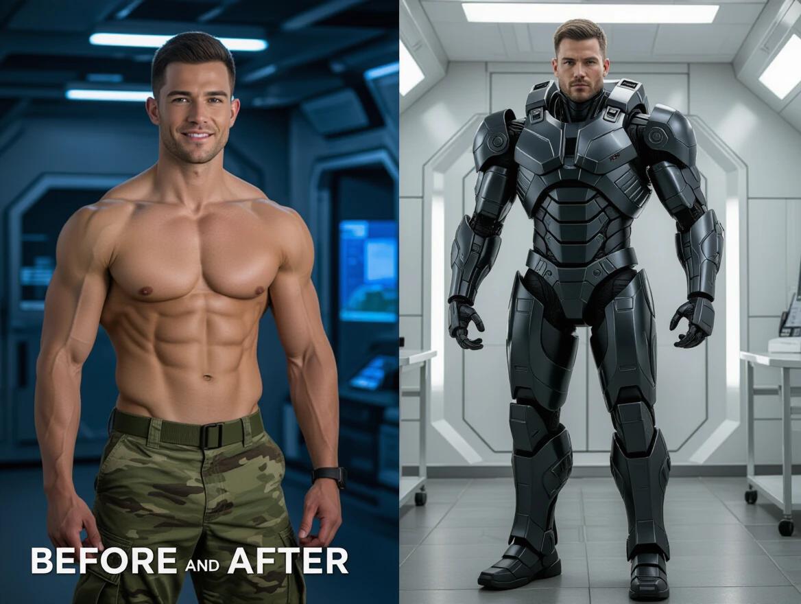 Photorealistic diptych illustrates a transformation of a man into a cybernetic war machine. Left side features a muscular soldier in military uniform with tanned skin and kind eyes inside a high-tech facility. Right side shows the same man in matte-black mechanical armor while keeping his human face. Background maintains the same high-tech lab with altered lighting for a dramatic effect.