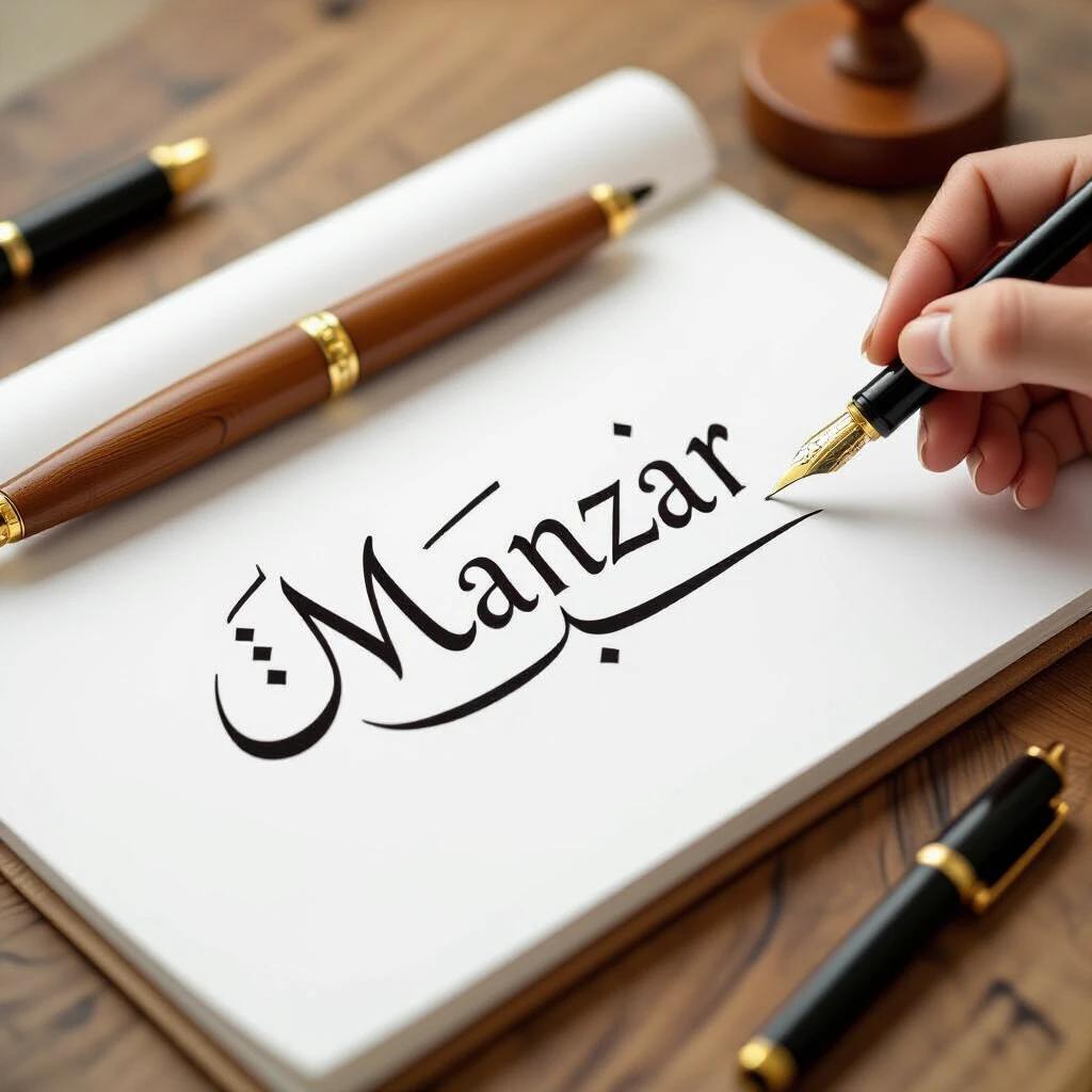 Stylish calligraphic writing of the word Manzar on a page. A hand holds a fountain pen over a notebook. A fine wooden pen rests beside the notebook on a polished wood table. The setting is artistic and serene.