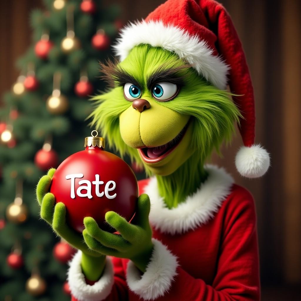 The Grinch holds a red ornament with the name Tate. Christmas tree in the background. Grinch wears a Santa outfit.