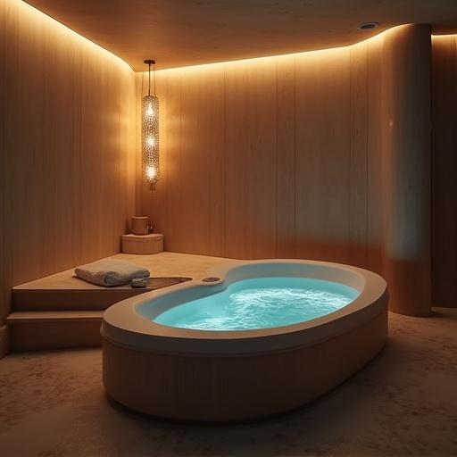 Dim lighting enhances a luminous ambiance. Spa room features a closed flotation tank with a calming design. Luxurious and relaxing atmosphere.