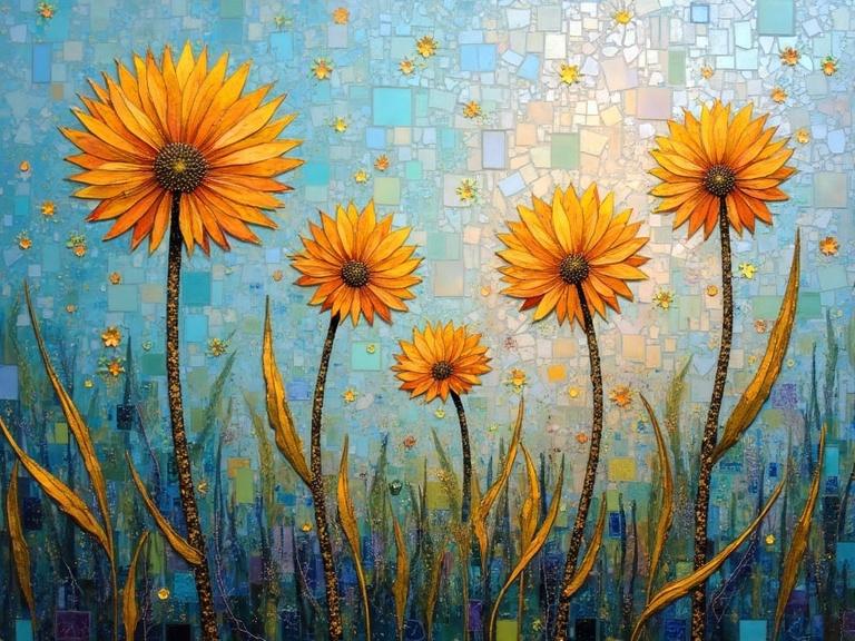 Image features iridescent ceramic tiles and glass mosaic. Abstract representation of dandelions with a mix of encaustic materials. Ethereal artwork with vibrant golden flowers set against a soft blue background.