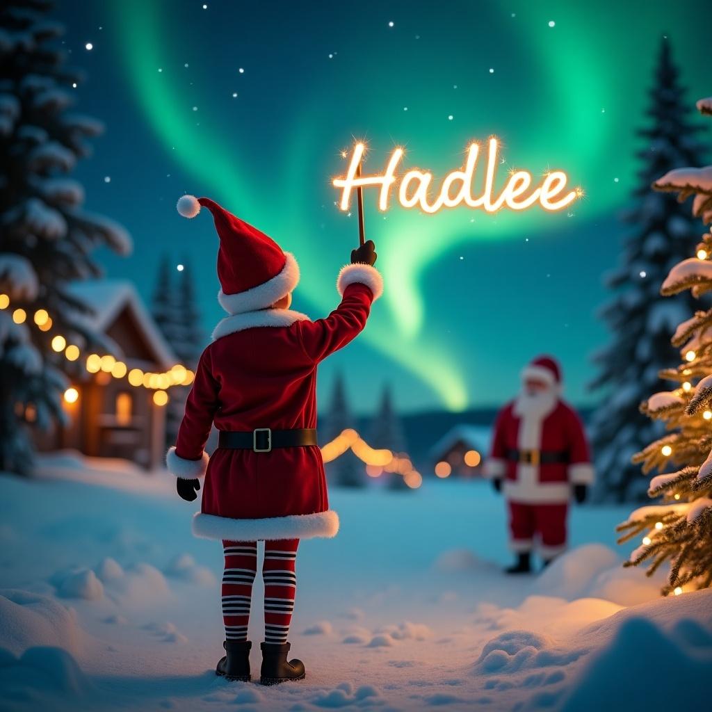 The image depicts a classic Christmas scene featuring an elf in a bright red outfit with a matching hat. The elf stands with their back to the viewer, holding a wand to write 'Hadlee' in sparkling letters against the night sky. Behind them, the stunning northern lights create a colorful backdrop over a winter landscape. In the distance, Santa Claus is seen, completing the festive charm of the scene. String lights add a warm, inviting atmosphere, filling the air with holiday joy and magic.