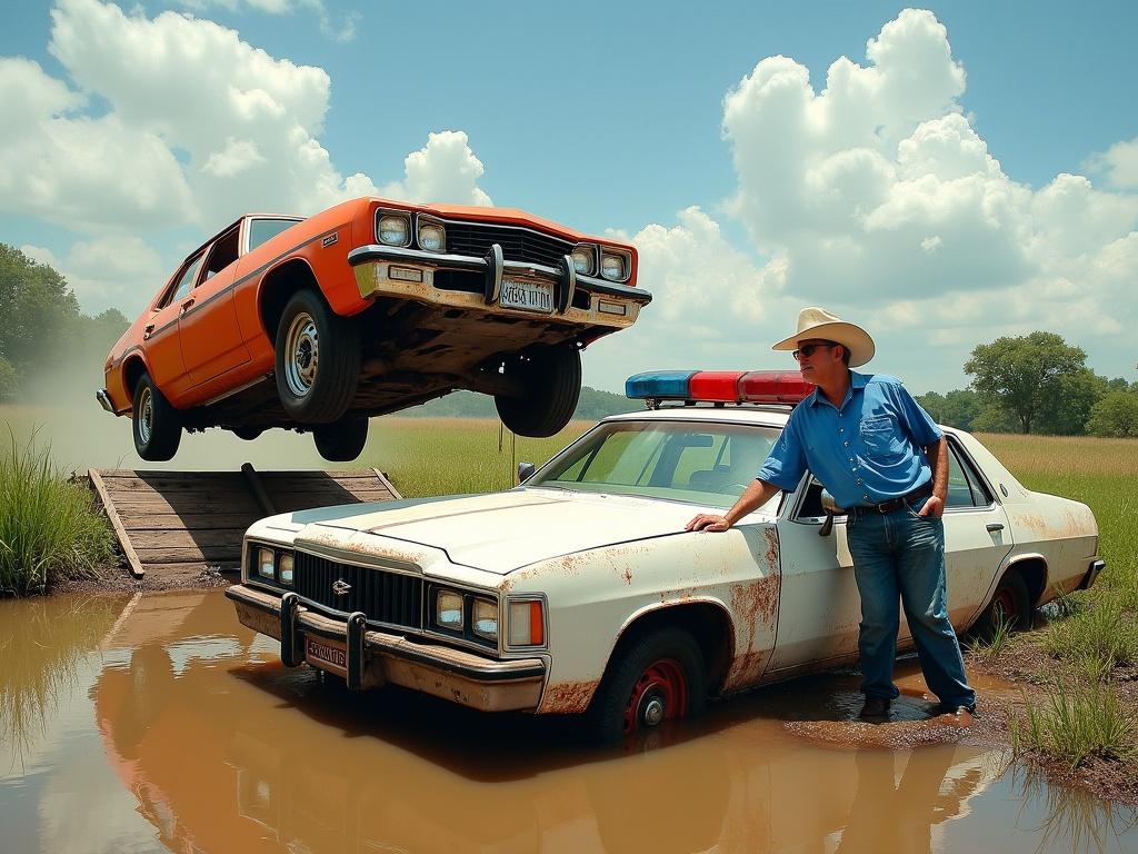 This image features two vehicles in a country setting. The main focus is an orange car, airborne and leaping off a wooden ramp, showcasing motion and energy. It is accompanied by a weathered white police car partially submerged in a muddy creek, indicating a crash. In the foreground, a man in a blue shirt and cowboy hat leans on the damaged police car, adding a narrative element. The scene is set against a bright sky with fluffy clouds and green trees, creating a contrast between action and serenity.