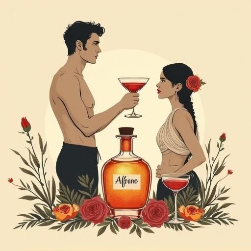 Minimalist screen printing artwork showing a scene with a shirtless man and a woman toasting. The man holds a cocktail glass and looks at the woman. She has a flower in her hair and wears a boho-style top. An apothecary bottle glows nearby with the name ALFRUNO. Roses and herbs surround the bottle, all against a beige background.